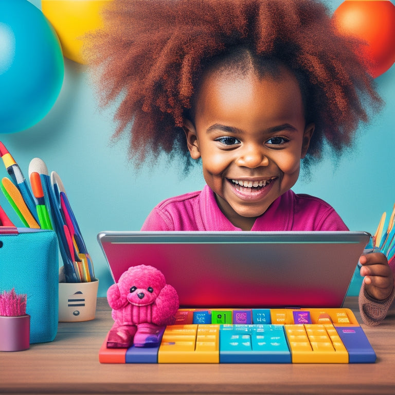 A colorful illustration of a smiling child surrounded by various math-themed icons, such as geometric shapes, numbers, and calculators, with a tablet and laptop in the background.