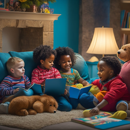 A cozy, well-lit reading nook with a diverse group of happy children (ages 6-12) engaged in reading activities, surrounded by colorful books, pillows, and a few stuffed animals.