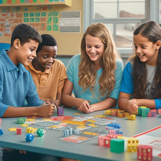 A colorful illustration of a middle school classroom where students are engaged in various math games, with dice, puzzle pieces, and calculators scattered on tables, surrounded by excited facial expressions and gestures.
