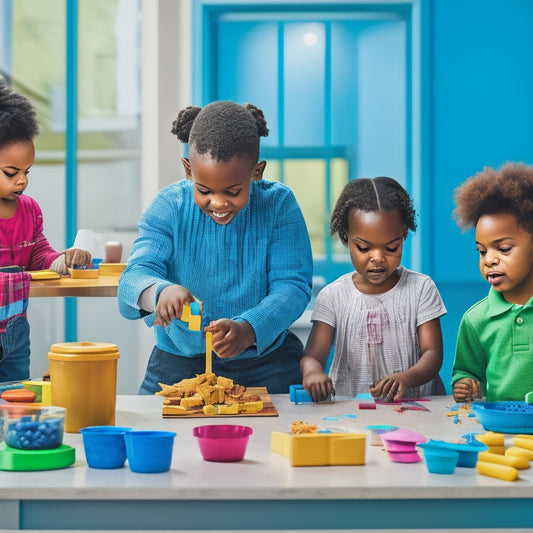 A vibrant illustration of diverse children (ages 6-12) engaged in playful math activities: building block towers, creating geometric art, and measuring ingredients in a colorful kitchen setting.