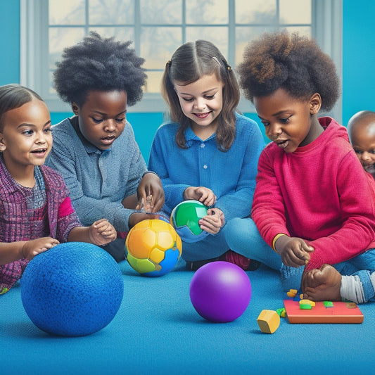 A colorful illustration of a diverse group of children with special needs using various interactive tools, such as tablets, puzzles, and sensory balls, in a vibrant, inclusive classroom setting.