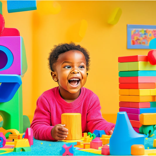 A colorful illustration of a happy preschooler surrounded by vibrant math-themed blocks, shapes, and puzzles, with a few worksheets scattered around, amidst a playful and engaging learning environment.