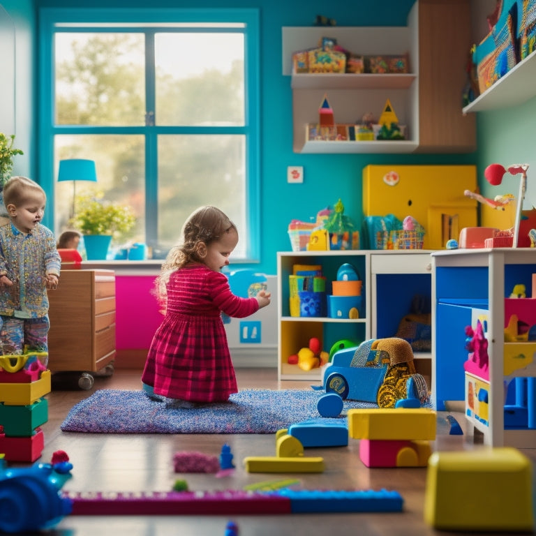 A colorful, clutter-free playroom with a toddler-aged child surrounded by various educational toys, including blocks, shape sorters, and a miniature kitchen, with soft, natural lighting.