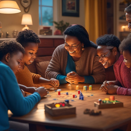 A warm, dimly lit living room with a wooden table at its center, surrounded by smiling family members of diverse ages, engaged in a board game, with colorful pieces and rolling dice.