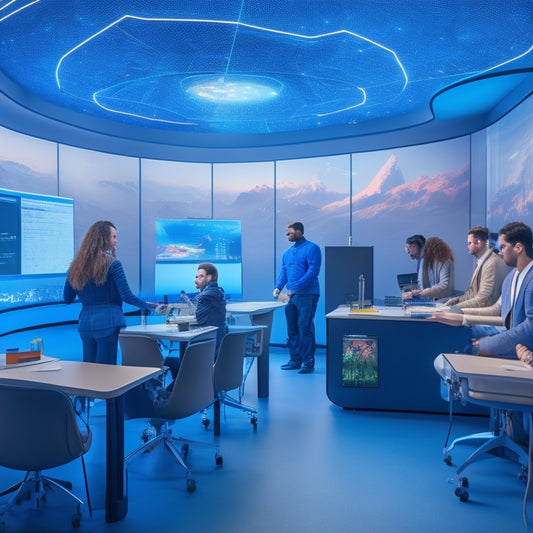 A futuristic classroom with holographic projections, interactive whiteboards, and diverse students engaged in immersive, 3D game-like learning experiences, surrounded by tablets, VR headsets, and collaborative workspaces.