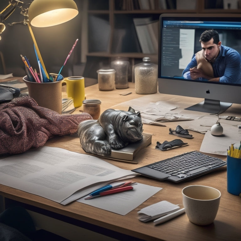 A cluttered desk with a struggling student in the background, surrounded by crumpled papers and broken pencils, with a laptop open to a website with a bright, organized layout and a calm, encouraging virtual assistant avatar.