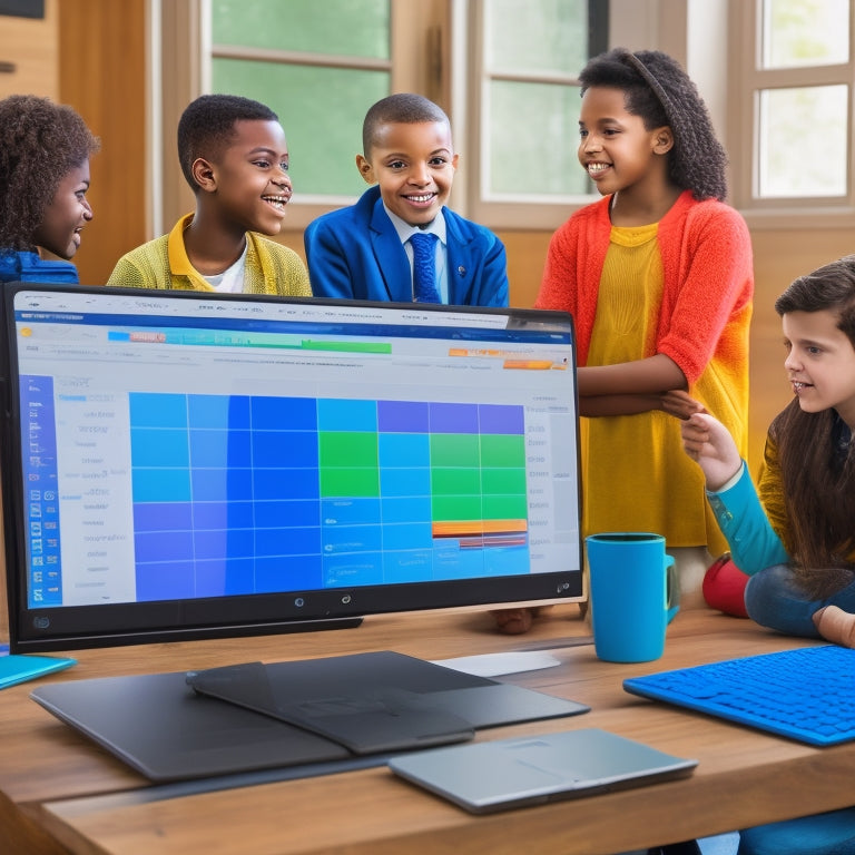 A laptop screen displaying a virtual classroom with diverse middle school students engaged in interactive lessons, surrounded by colorful graphs and charts showing rising grades and progress bars.