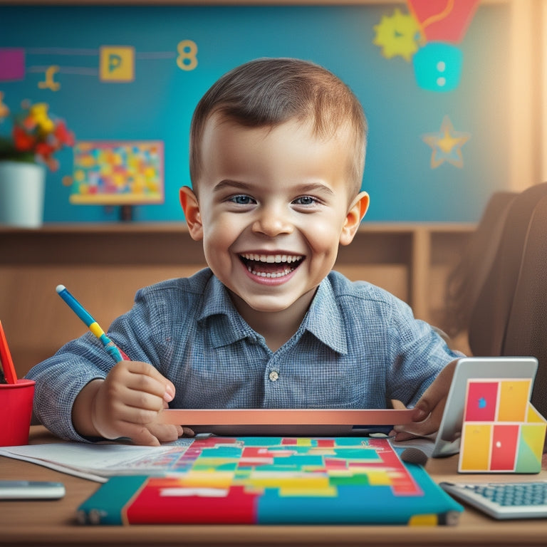 A cheerful, cartoon-style illustration of a smiling child sitting at a desk, surrounded by colorful math problems and symbols, with a friendly virtual tutor appearing on a tablet screen beside them.