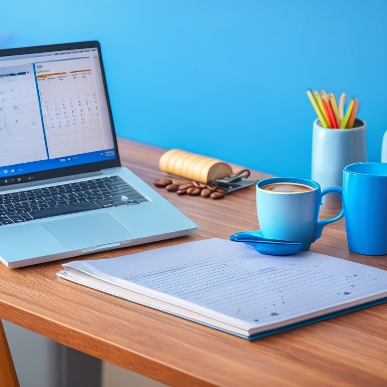 A laptop on a clean, organized desk with a calendar, coffee cup, and a few scattered notes, surrounded by a subtle, gradient blue background conveying a sense of calm focus.