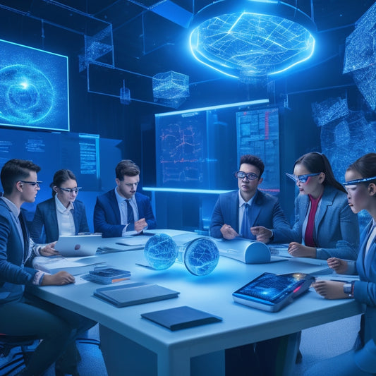 A futuristic, high-tech classroom scene with VR headsets on desks, surrounded by vibrant, swirling math equations, geometric shapes, and 3D models, illuminated by soft, pulsing blue lights.