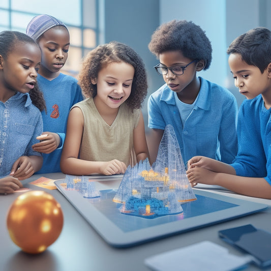 An illustration of a diverse group of students aged 8-12, gathered around a large tablet, interacting with 3D math models and virtual manipulatives, with a futuristic classroom background.
