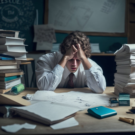 A frazzled student slumped over a cluttered desk, surrounded by crumpled papers and broken pencils, with a complex math problem on a chalkboard looming large in the background.