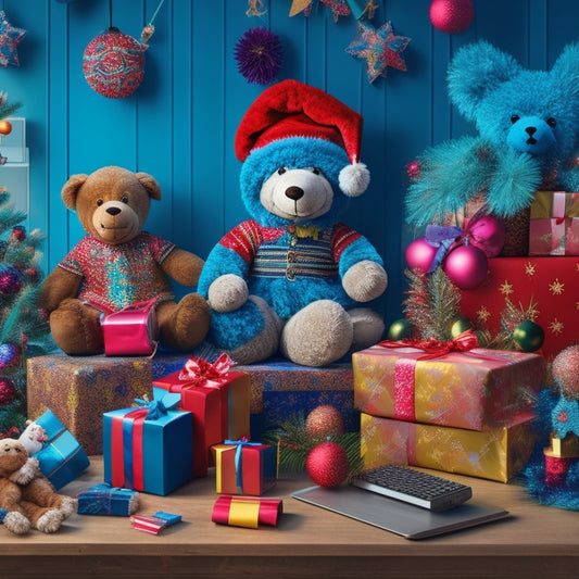 A whimsical illustration of a festive holiday scene featuring a variety of toys and gifts, including a teddy bear, building blocks, crayons, and a kid-friendly laptop, surrounded by colorful wrapping paper and ribbons.