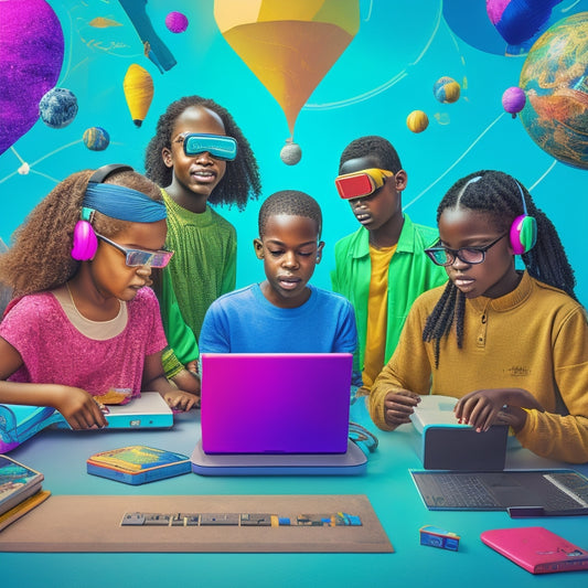 A colorful illustration of a diverse group of students aged 8-14, surrounded by laptops, tablets, and virtual reality headsets, engaged in interactive math activities, with 3D shapes and formulas swirling around them.