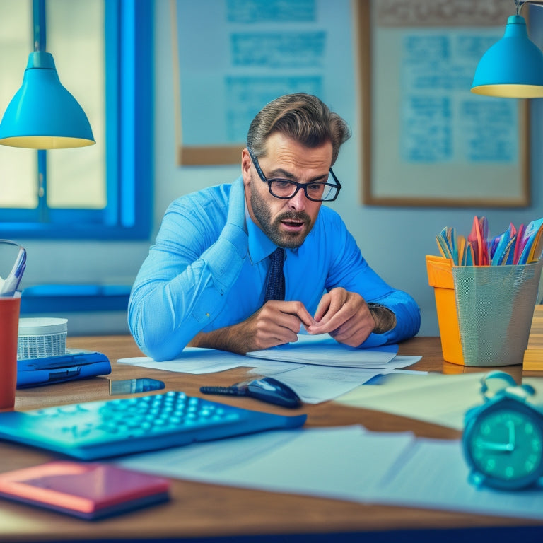 An illustration of a busy professional, surrounded by papers and a laptop, with a puzzled expression, holding a calculator and staring at a math problem on a whiteboard in the background.