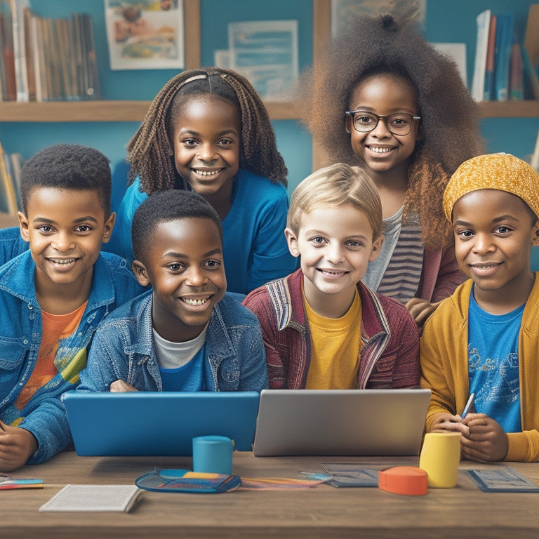 A colorful illustration of a happy, diverse group of kids (ages 6-12) sitting in front of laptops and tablets, surrounded by books and pencils, with a subtle cityscape or home background.