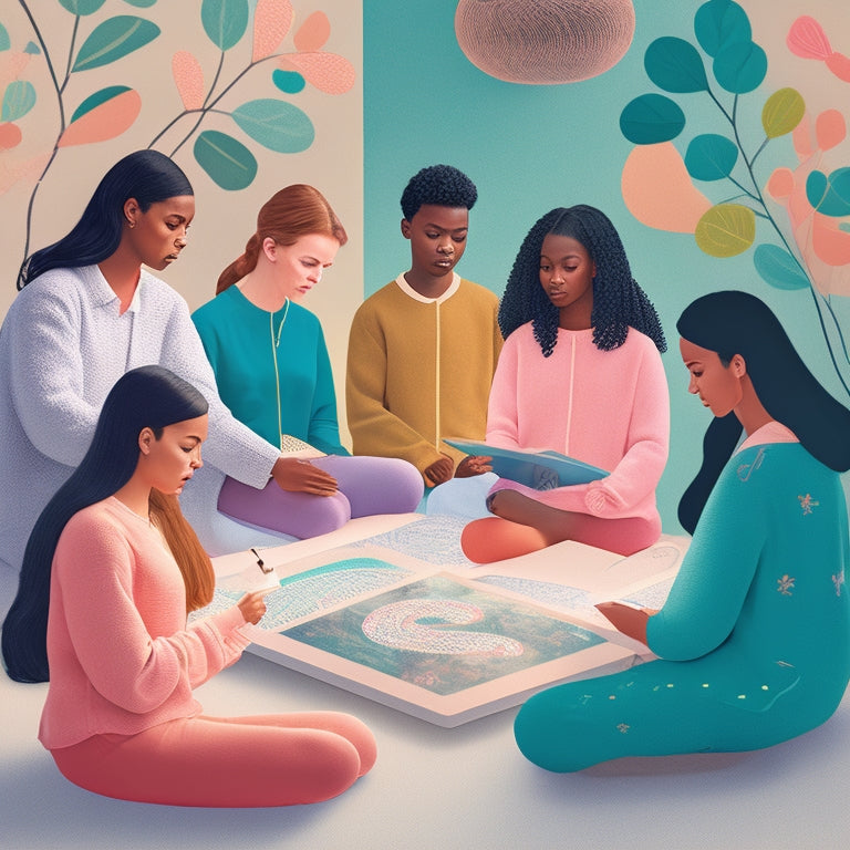 A serene, minimalist illustration featuring a calm, diverse group of students gathered around a glowing digital tablet, surrounded by gentle, swirling math-inspired patterns and soft, pastel colors.