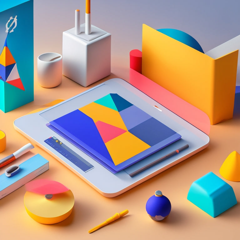 A colorful, minimalist illustration featuring a tablet or smartphone surrounded by 3D shapes, graphs, and charts, with a subtle math-inspired background, and a few interactive elements, like dials and sliders.