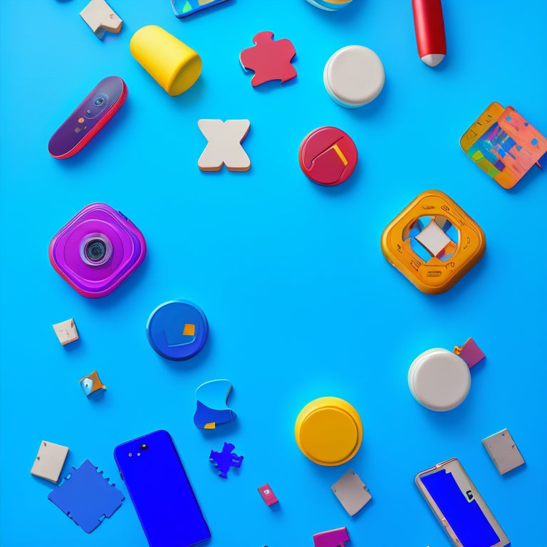 A circular arrangement of 5-7 Android smartphones, each displaying a different puzzle game, with colorful puzzle pieces and shapes swirling around them, set against a bright, gradient blue background.