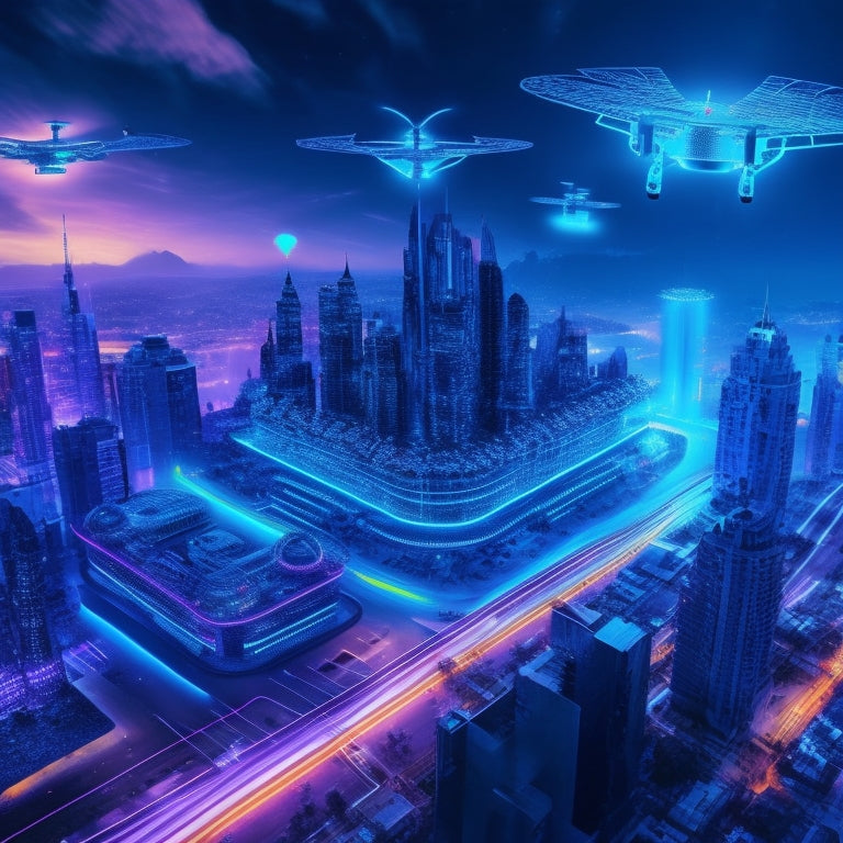 An illustration of a colorful, futuristic cityscape with glowing blue circuits and math symbols embedded in the architecture, surrounded by flying robot drones holding tablets with math problems.