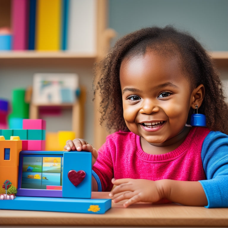 A colorful illustration of a smiling kindergarten-aged child sitting in front of a tablet, surrounded by engaging virtual learning tools, with a subtle background of building blocks and learning aids.