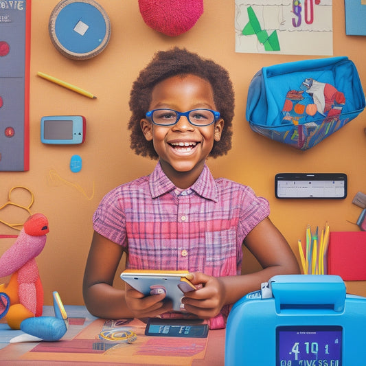 A colorful illustration of a smiling 4th-grade student surrounded by math-related objects, such as pencils, calculators, and geometric shapes, with a tablet and smartphone displaying math apps in the foreground.