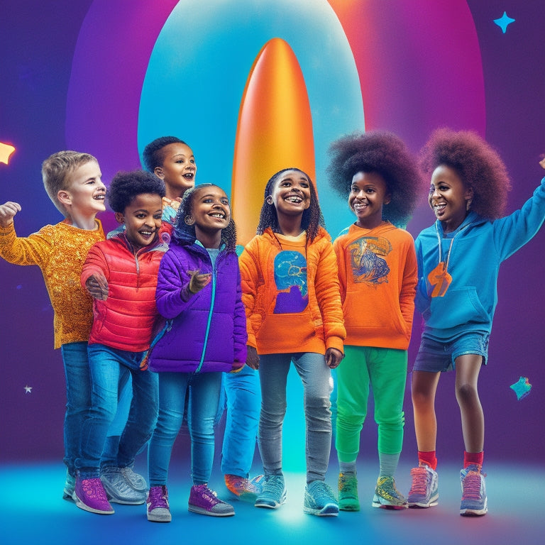 A vibrant, futuristic illustration of a smiling, diverse group of kids (ages 8-12) surrounding a giant, glowing coding symbol (">") that blasts off like a rocket, leaving a trail of colorful code snippets.