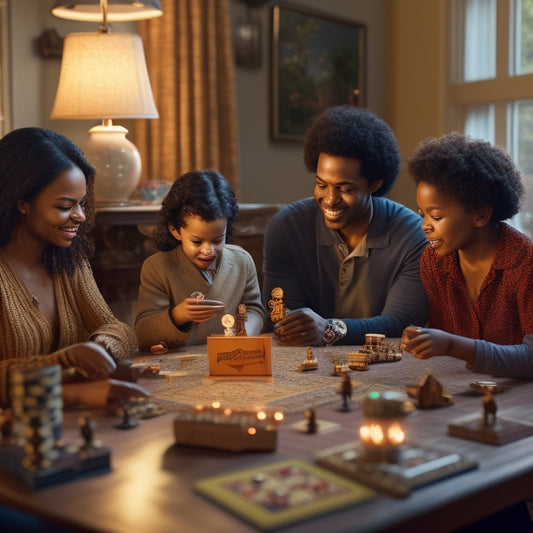 A warm, golden-lit living room scene with a diverse family of four playing a board game together, surrounded by scattered game pieces, cards, and snacks.