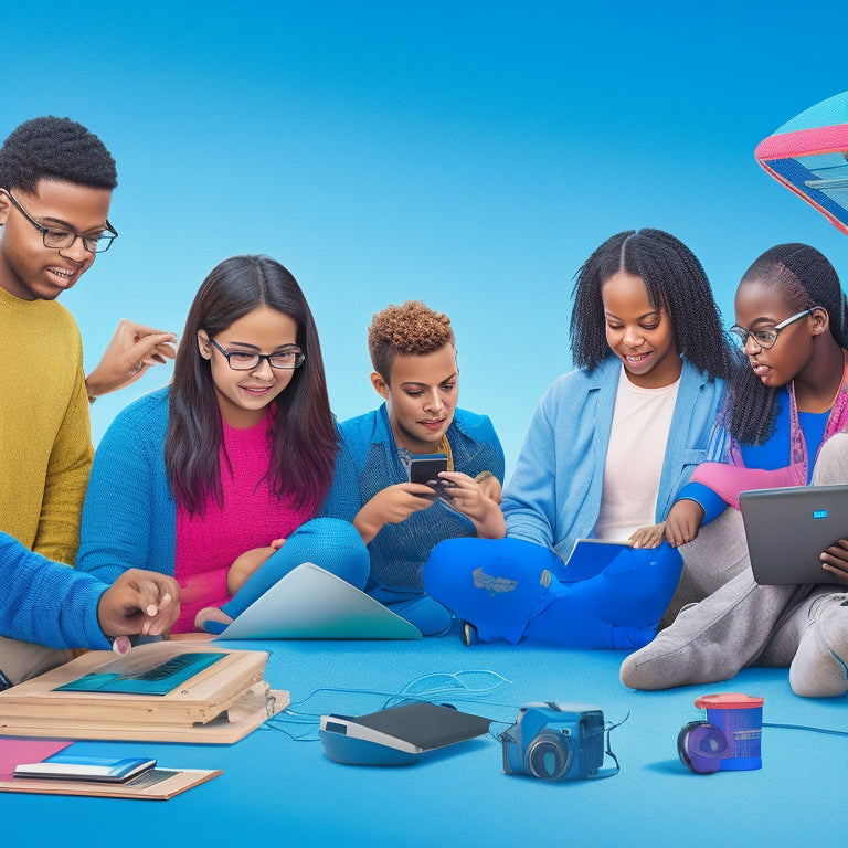 A colorful, whimsical illustration of a diverse group of students with special needs surrounded by digital devices, math symbols, and assistive technology, set against a bright, gradient blue background.