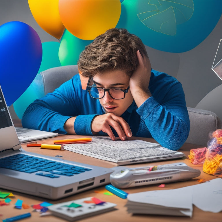 An illustration of a puzzled student surrounded by crumpled papers and broken pencils, with a laptop open to a vibrant online math platform, featuring interactive graphs and virtual manipulatives.