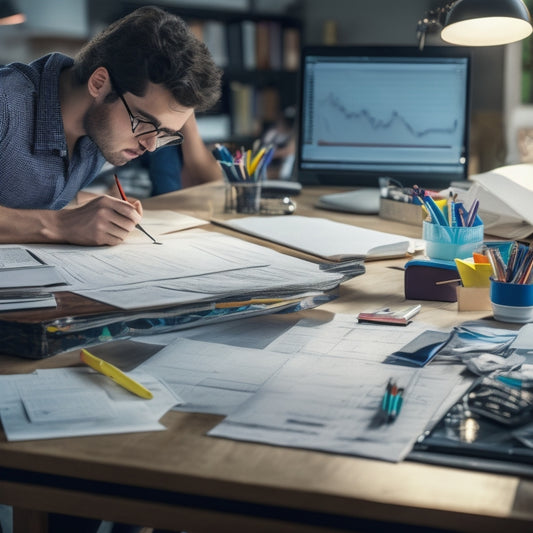 A cluttered desk with crumpled math worksheets, scattered pencils, and a frustrated student in the background, contrasted with a tidy laptop displaying a bright, organized math dashboard.