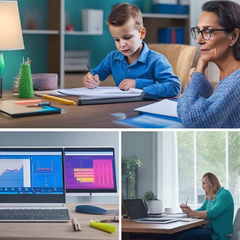 A split-screen image featuring a parent sitting at a desk with a laptop, surrounded by papers and pencils, on one side, and a colorful, interactive math dashboard with charts and graphs on the other.