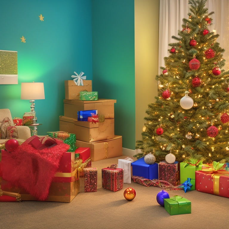 A festive holiday scene featuring a decorated therapy room with occupational therapy tools and toys, gift-wrapped presents, and a Christmas tree adorned with ornaments shaped like puzzle pieces and therapy balls.