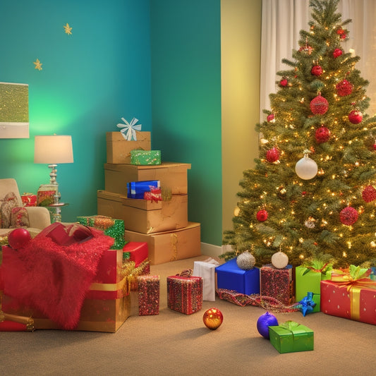 A festive holiday scene featuring a decorated therapy room with occupational therapy tools and toys, gift-wrapped presents, and a Christmas tree adorned with ornaments shaped like puzzle pieces and therapy balls.