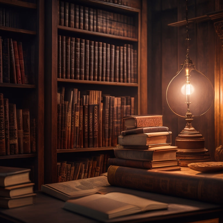 A cozy bookshelf in a Chennai bookstore, dimly lit with warm golden lighting, filled with stacks of textbooks, novels, and educational resources, surrounded by wooden desks and chairs.