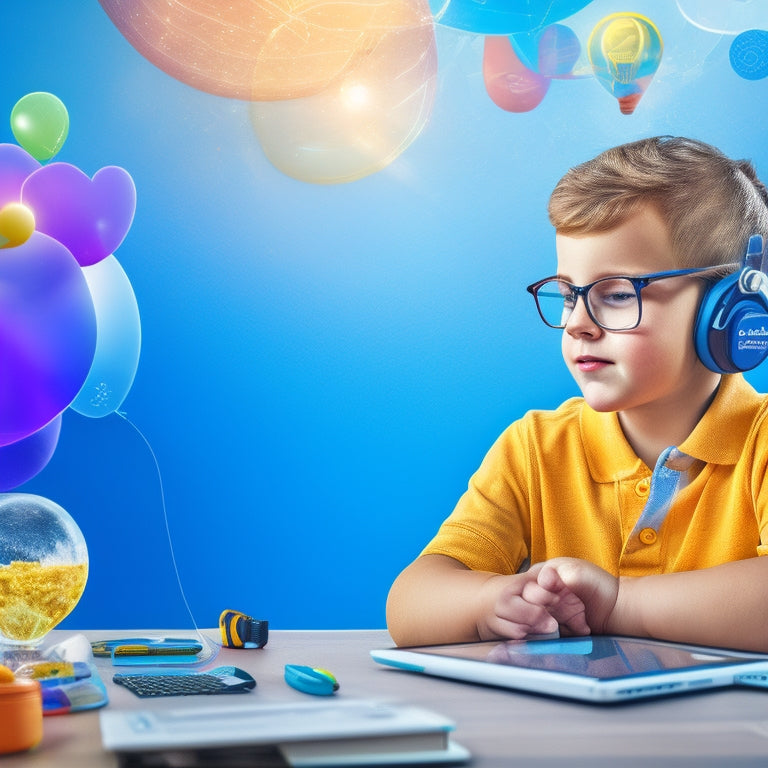 A colorful illustration of a young learner surrounded by digital devices, with thought bubbles containing virtual classroom scenes, interactive whiteboards, and engaging educational icons.