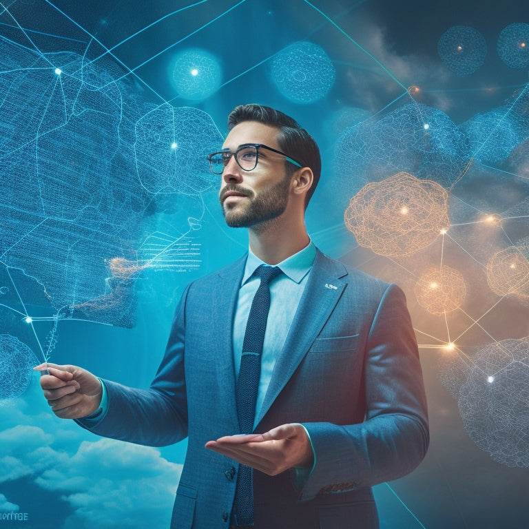 An illustration of a teacher surrounded by swirling clouds of data, with glowing lines and nodes connecting students' faces to a central hub, representing the flow of real-time insights.