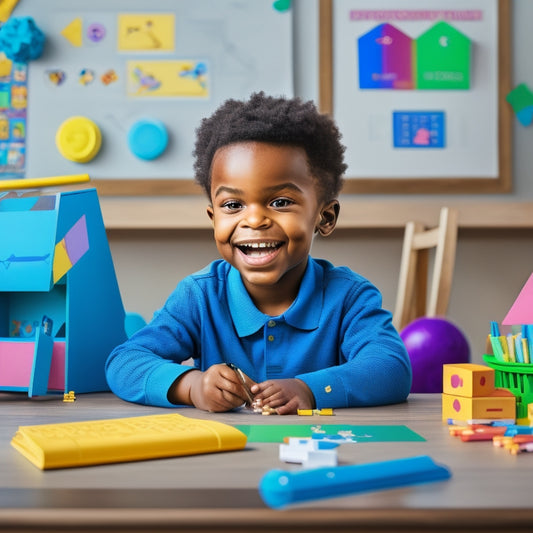 A colorful illustration of a smiling child sitting at a desk, surrounded by interactive math worksheets, puzzles, and manipulatives, with a tablet and pencil nearby, amidst a subtle background of math symbols and shapes.
