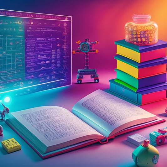 An illustration of a open math textbook with coding windows and interactive graphs popping out, surrounded by colorful coding blocks, robots, and mathematical symbols in a futuristic classroom setting.