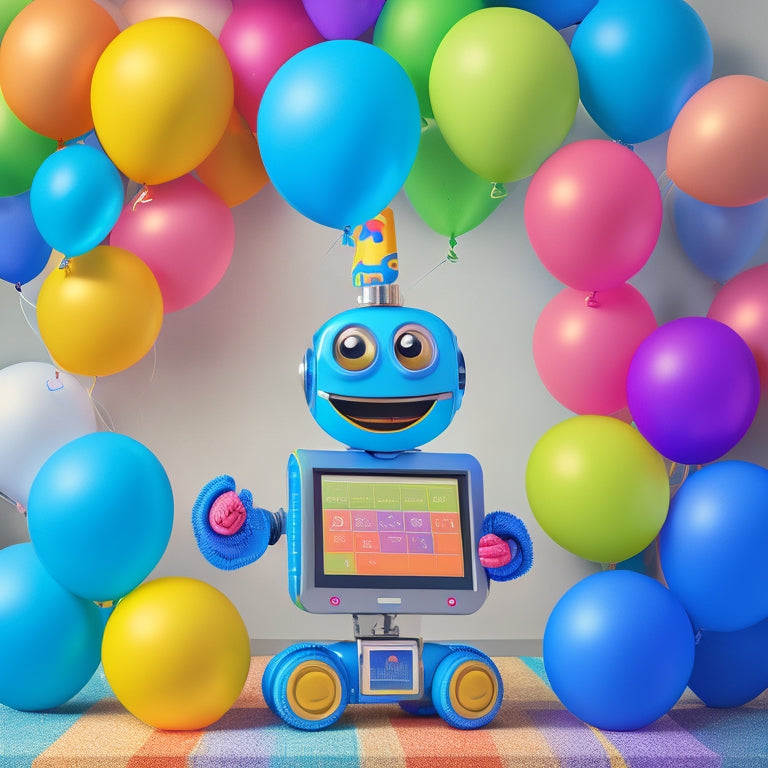 A colorful illustration of a smiling cartoon robot surrounded by cheerful, numbered balloons, holding a tablet with a math puzzle on the screen, amidst a subtle background of gentle, swirling numerical patterns.