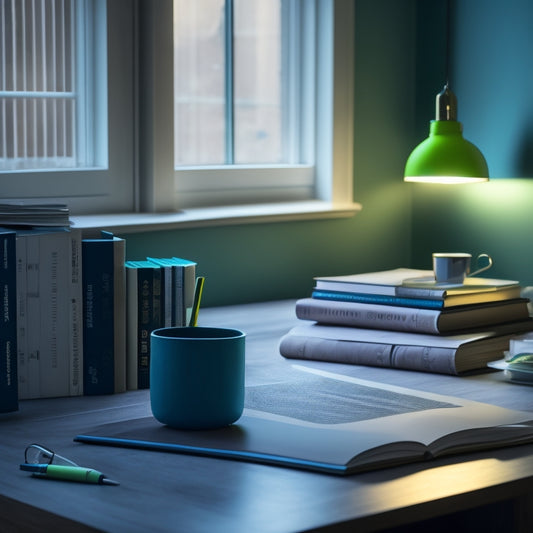 A serene, clutter-free desk with an open laptop, a pencil, and a math textbook, surrounded by a subtle glow, with a faint, calming gradient of blue and green hues in the background.