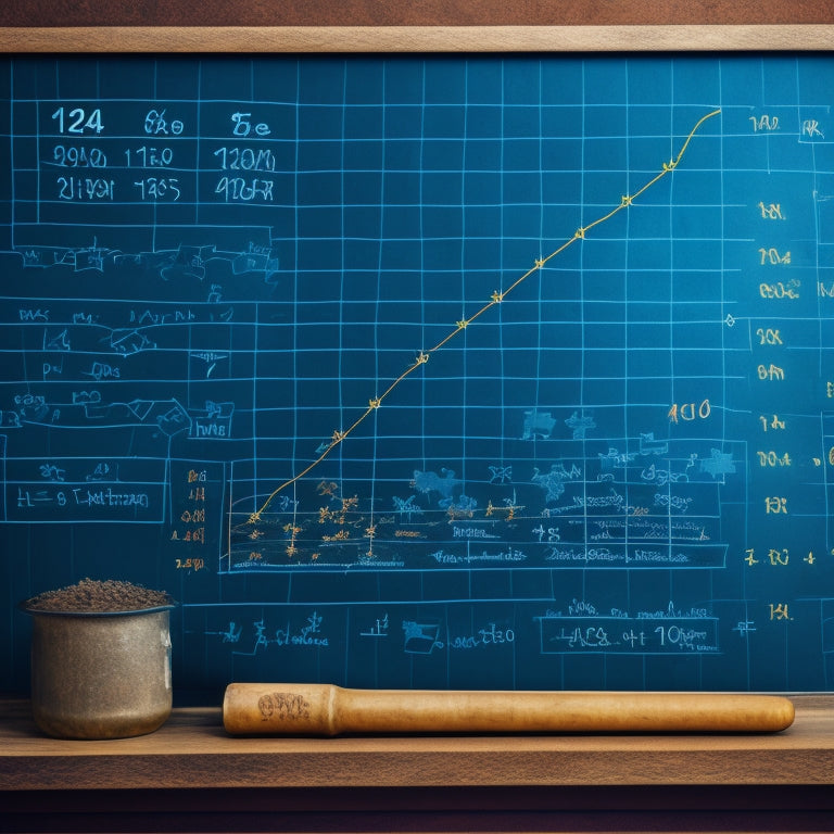 An illustration of a math problem-filled blackboard with a subtle background of 1s and 0s, surrounded by scattered puzzle pieces, gears, and a faint graph line trending upward.