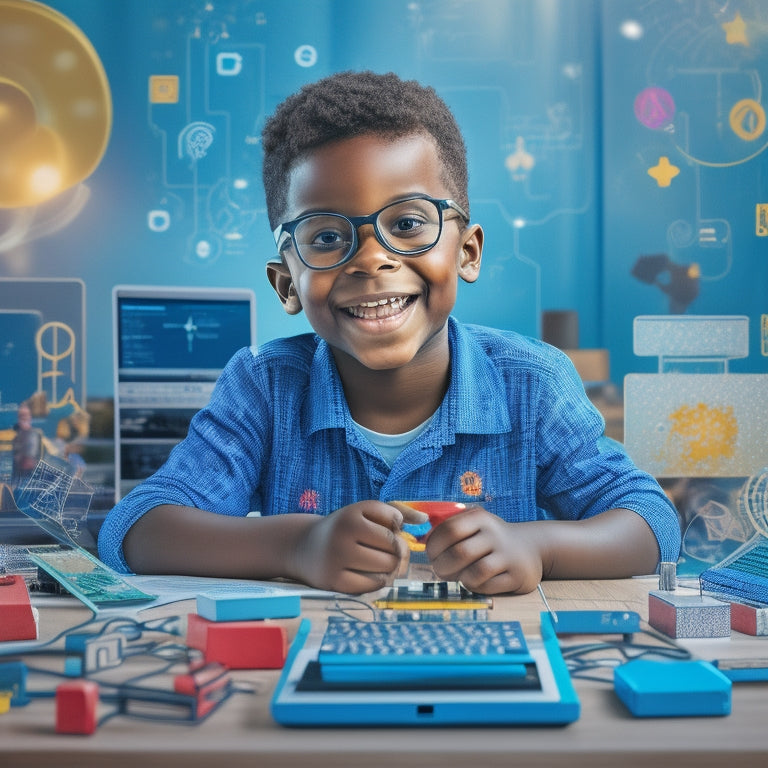 A colorful illustration of a smiling child sitting at a desk surrounded by various digital devices, with math-related icons and shapes floating above, amidst a subtle background of circuit boards and coding patterns.