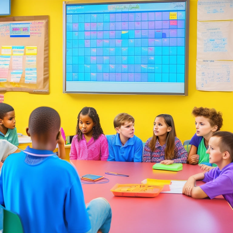 A colorful, clutter-free classroom scene with 6th graders gathered around a large, interactive whiteboard displaying a math problem, surrounded by tablets, calculators, and scattered math worksheets.