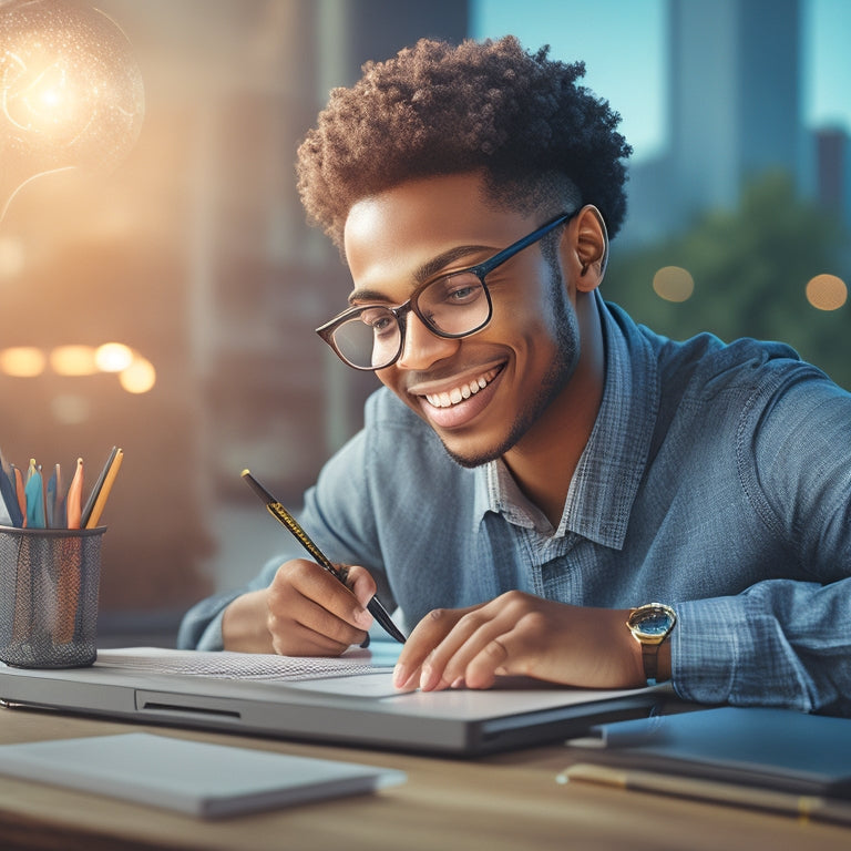 An illustration of a smiling student sitting in front of a laptop with a virtual whiteboard displaying math equations, surrounded by books and pencils, with a subtle cityscape background.