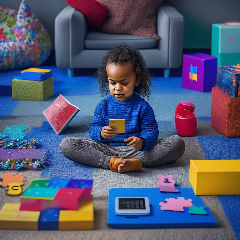 A colorful illustration of a young child sitting cross-legged on a floor, surrounded by tablets and smartphones, with speech bubbles filled with alphabet blocks and puzzle pieces.