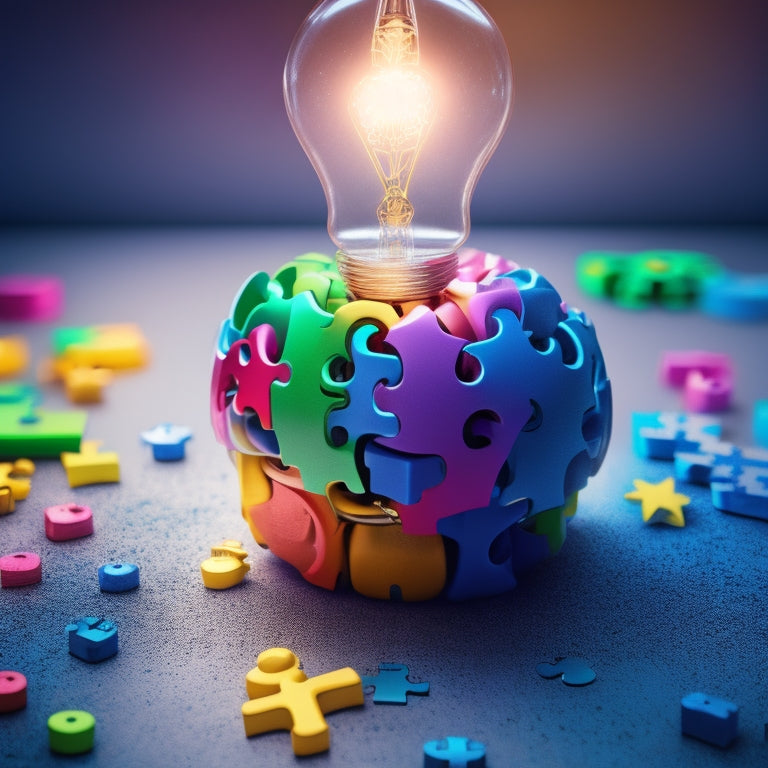 A colorful illustration of a puzzle piece fitting into a brain, surrounded by math symbols, gears, and lightbulbs, blending digital and analog elements to represent innovative learning tools.