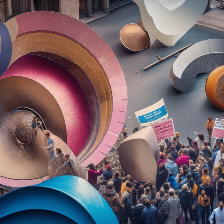A swirling vortex of gradient signs in various stages of evolution, with cracked and broken signs in the background, surrounded by protesting figures with picket signs and megaphones.