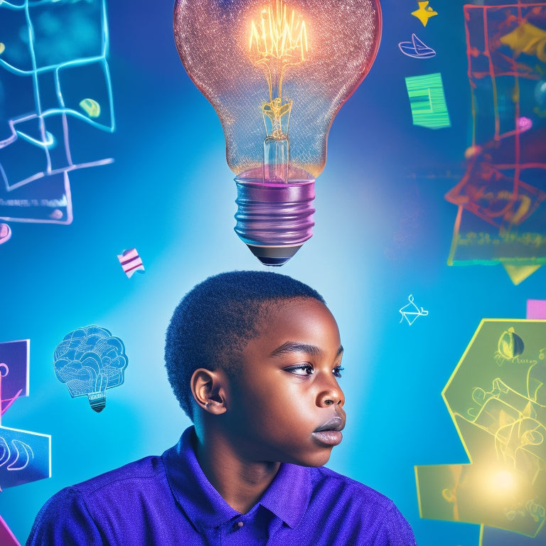 A colorful illustration featuring a middle school student surrounded by puzzle pieces, geometric shapes, and math symbols, with a subtle background of a brain or a lightbulb to represent critical thinking.