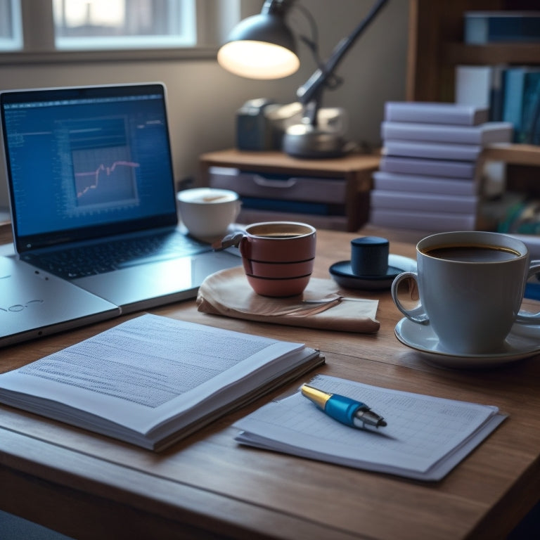 A serene, organized workspace with a laptop, notebook, and calculator surrounded by algebra textbooks, a cup of steaming coffee, and a few scattered graphs and equations in the background.